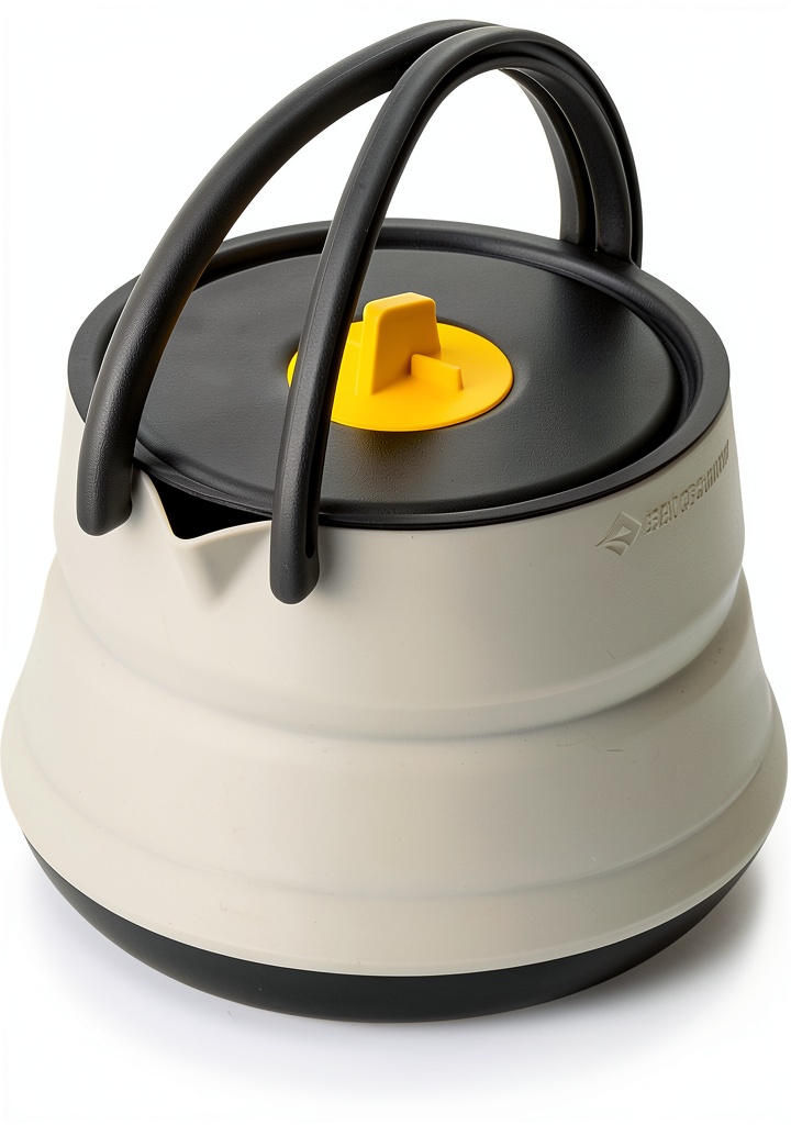 Sea to Summit Collapsible Kettle expanded and collapsed views on a camping table