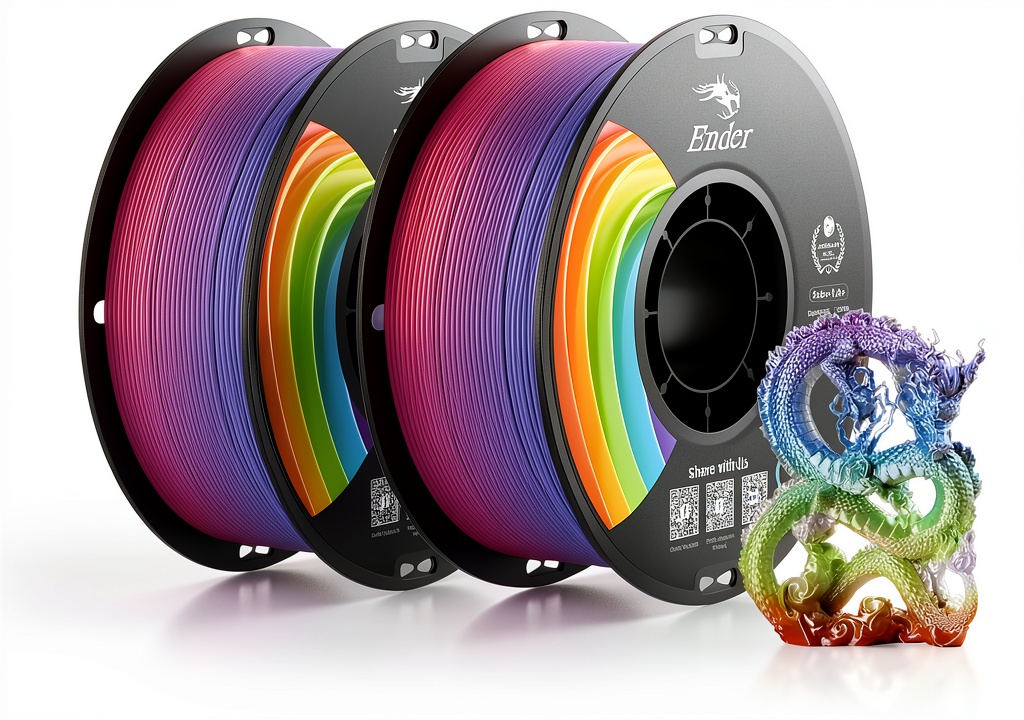 Creality Rainbow PLA+ filament spool showing vibrant colors and packaging