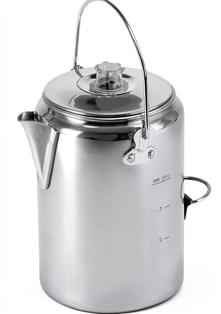Stansport Aluminum Percolator Coffee Pot on a campfire with coffee brewing