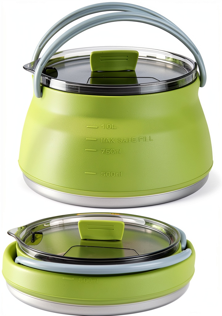 Restaurantware collapsible silicone kettle in use on a camping stove
